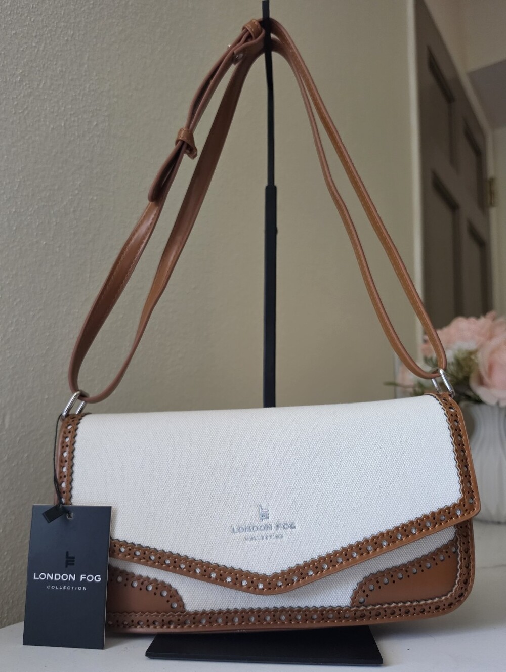 London Fog Vivian Canvas Envelope Crossbody Shoulder Bag Natural / Cognac - NWT